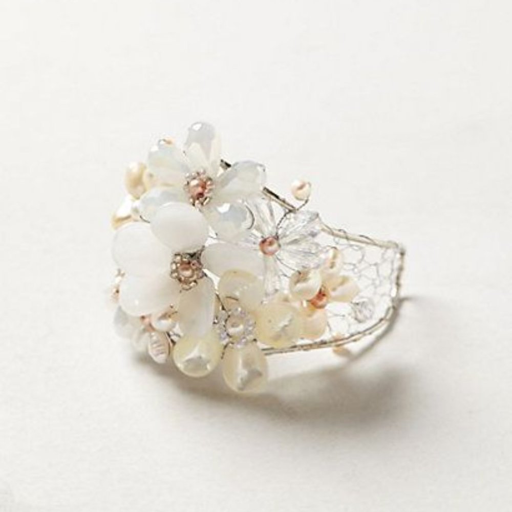 Anthropologie Pearled Posies Cuff Statement Bracelet White